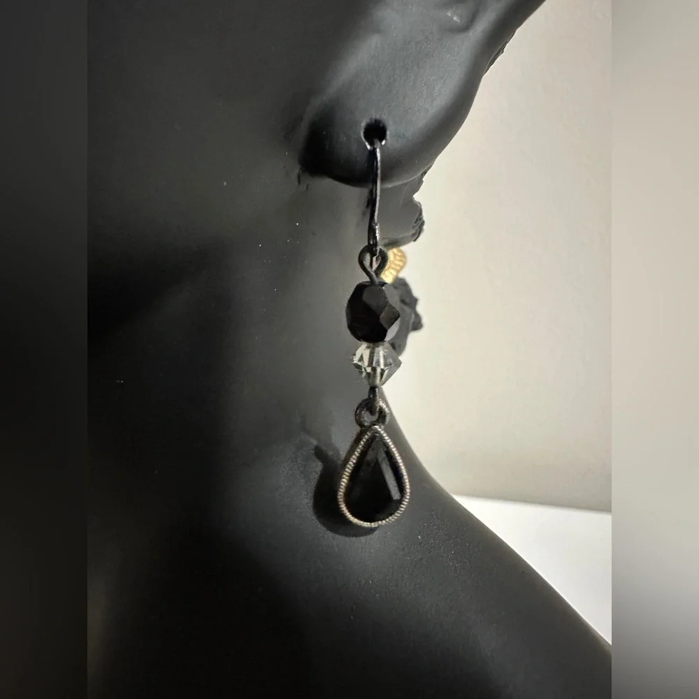Vintage Black Teardrop and Crystal Accent Earrings